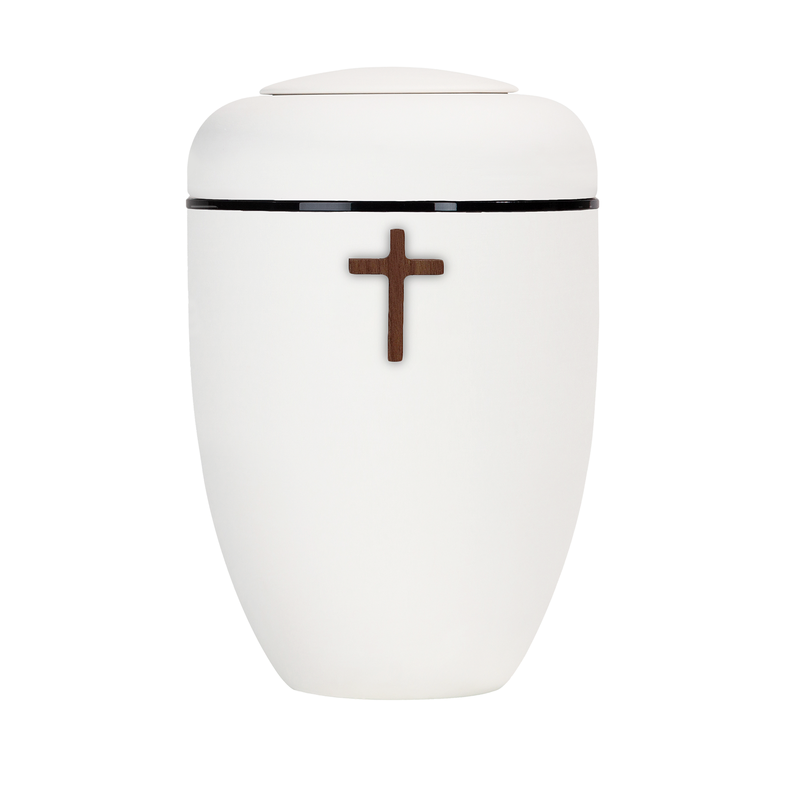 Cremeweiße Symbol-Urne mit Holzkreuz und schwarzer Plexiglasscheibe
